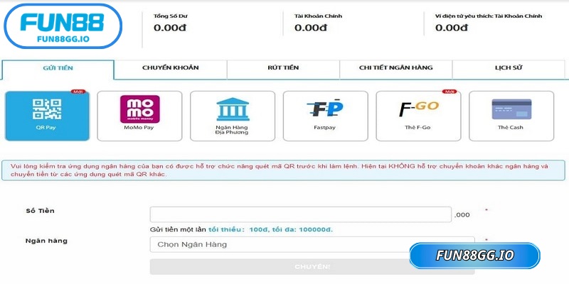 Nạp rút tiền FUN88 được hỗ trợ thông qua nhiều kênh